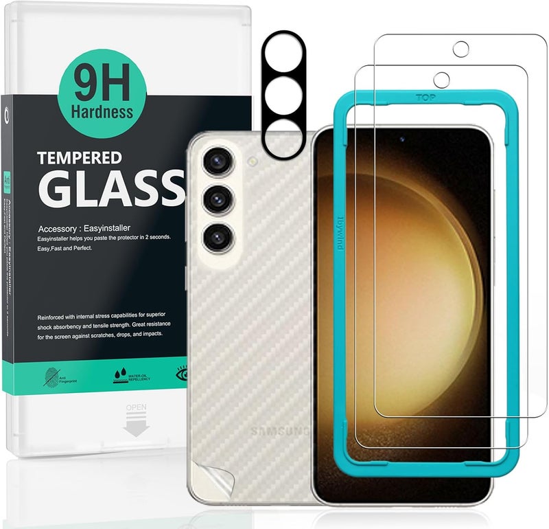 ايبيويند واقي شاشة عبوة مزدوجة لهاتف Samsung Galaxy S25+ 5G / Galaxy S25 plus 5G مقاس 6.7 بوصة، زجاج مقوى بصلابة 9H، مع قطعة واحدة من واقي عدسة الكاميرا، قطعة واحدة من فيلم ألياف الكربون للظهر، سهل التركيب - Image 1