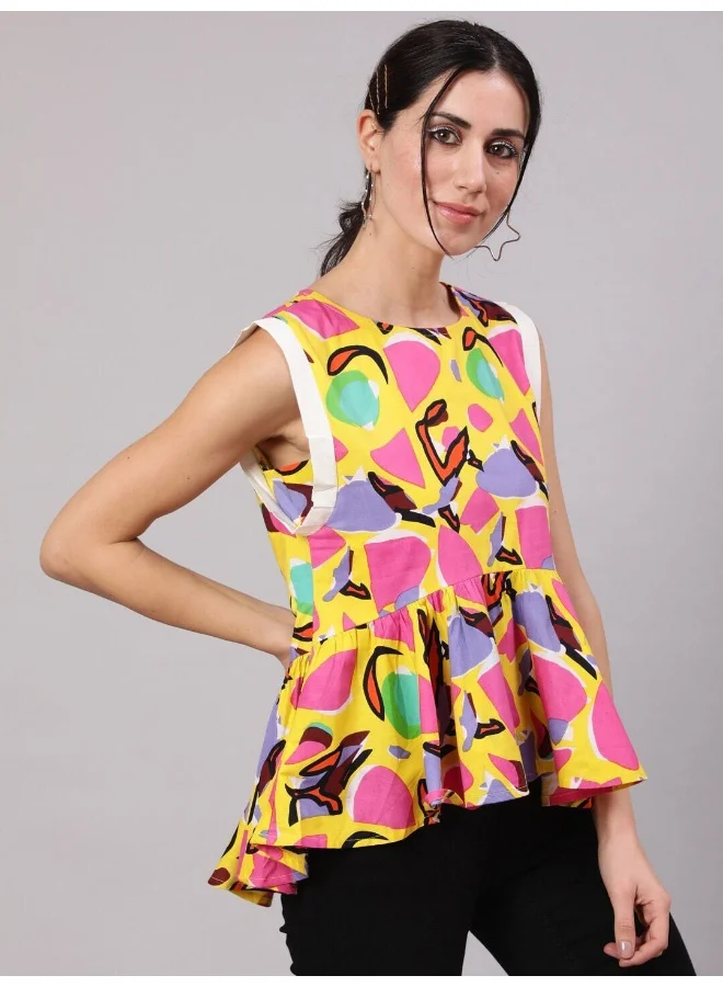 أيه كيه إس Yellow Printed Gathered Top