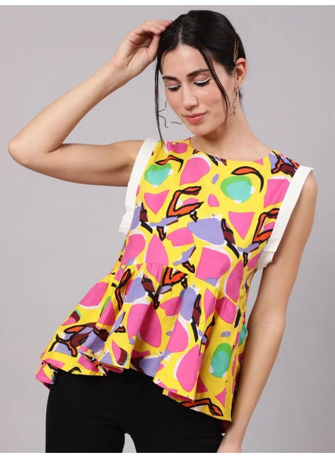 AKS Yellow Printed Gathered Top