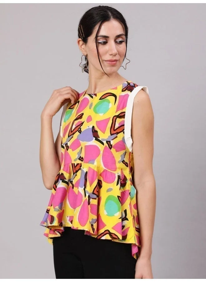 AKS Yellow Printed Gathered Top