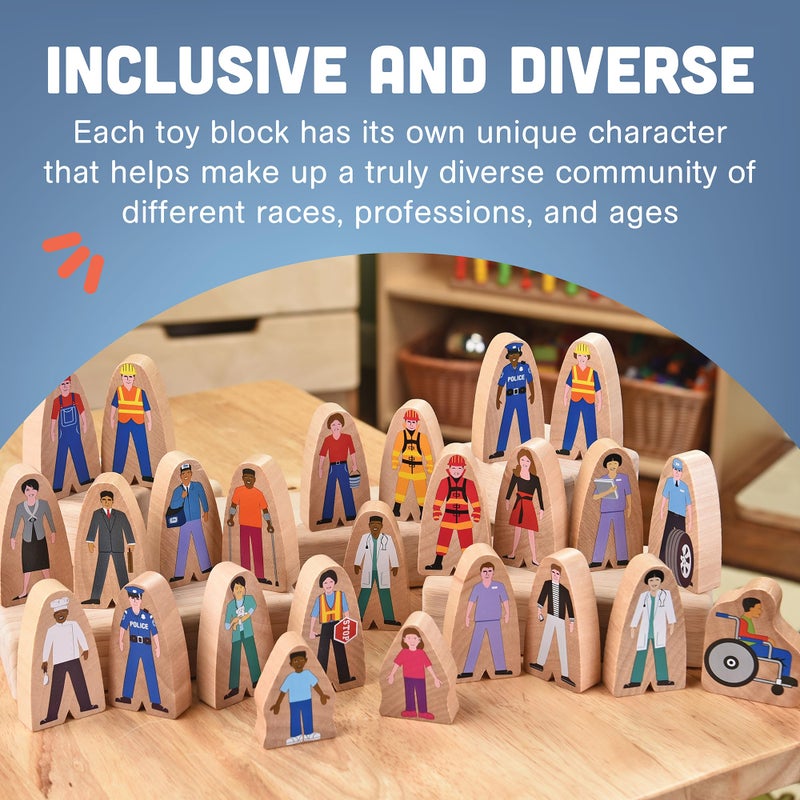 Constructive Playthings Wooden Community Helpers 25-Piece Wood Block Play Figurine Set, Freestanding Inclusive and Diverse Wood Toy Figures for Kids Ages 3+ - Image 4