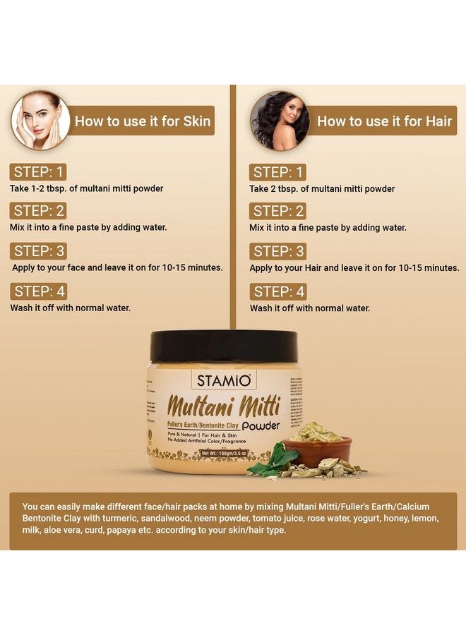 STAMIO Multani Mitti Powder For Face Pack Hair Mask Skin Care Body Diy ; Fullers Earth ; Natural Calcium Bentonite Clay ; Suitable For All Skin Types Men & Women ; In Jar 100 Gm - Image 4