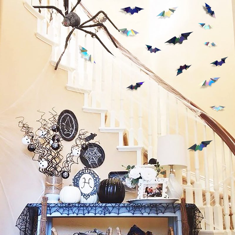 بينك بلوم 72pcs الخفافيش هالوين الديكور قزحية ثلاثية الأبعاد الخفافيش جدار ديكور سوداء فضية ثلاثية الأبعاد ورقة زخرفية الخفافيش - Image 5