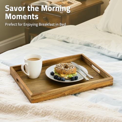 Iyulania 17 inch Acacia Wood Serving Tray with Handles, Decorative Display Tray for Coffee Table, Breakfast in Bed, Food Dinner - Image 3