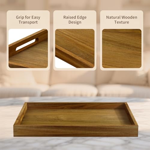 Iyulania 17 inch Acacia Wood Serving Tray with Handles, Decorative Display Tray for Coffee Table, Breakfast in Bed, Food Dinner - Image 5