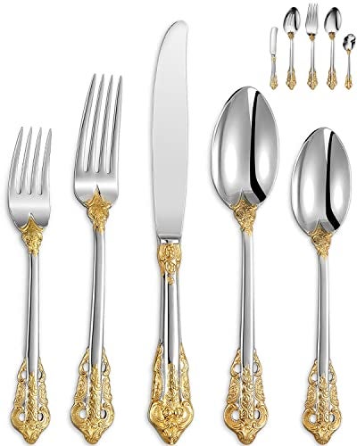 KEAWELL Luxury 65 Pieces 1810 Stainless Steel Flatware set Service for 12 silver plated with gold accents Fine Silverware set and Dishwasher Safe - Image 1