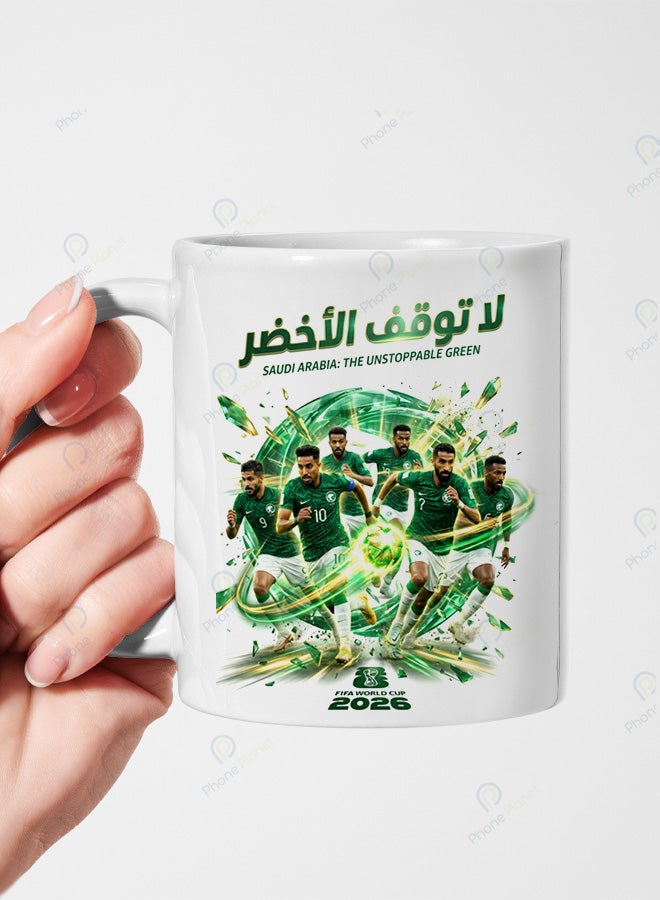 كوب من السيراميك الأبيض يحمل تصميمًا رائعاَ مع عبارة لا توقف الأخضر
