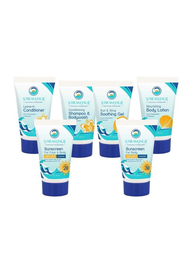 STREAM 2 SEA 6 Pack Natural Travel Sized Toiletries 1Oz Paraben Free Sample Size Shampoo Conditioner Lotion Mineral Sunscreen Spf 20 And Spf 30 And After Sun Gel By Stream2Sea - Image 1