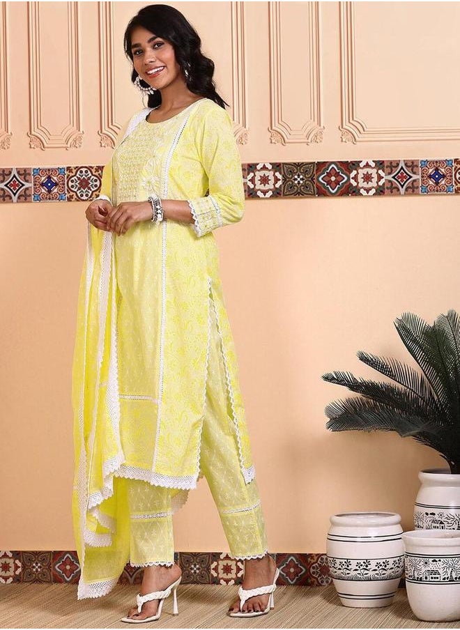 ISHIN - Embroidered Cotton A-Line Kurta and Pants with Dupatta Set by Styli - Image 1
