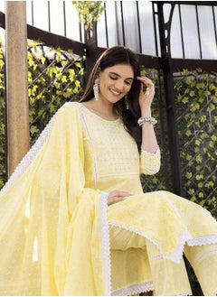 Embroidered Cotton A-Line Kurta and Pants with Dupatta Set by Styli