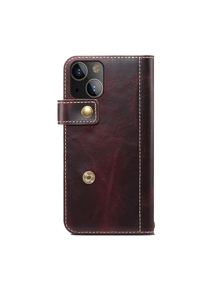 Denior Case For iPhone 13 Oil Wax Cowhide DK Magnetic Button Leather Phone Case - Image 3