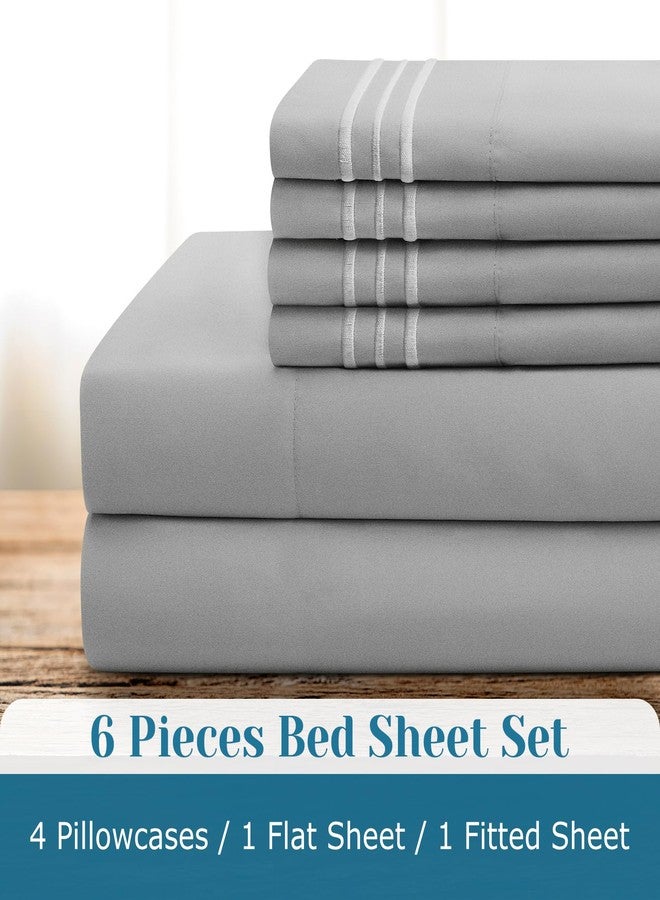 BYSURE 6 Pieces Bed Sheets Set with Pockets on Side(King, Light Grey), Sweat-Wicking Breathable Sheets, 16-inch Super Soft Hotel Embroidered Microfiber Sheet Set - Image 4