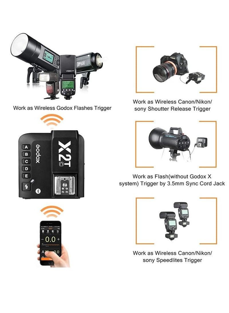 X2T-C TTL Wireless Flash Trigger for Canon, 1/8000s HSS Bluetooth Connection Supports iOS/Android App Controller, TCM Function, 5 Separate Group Buttons, New Hotshoe Locking, New AF Assist Light