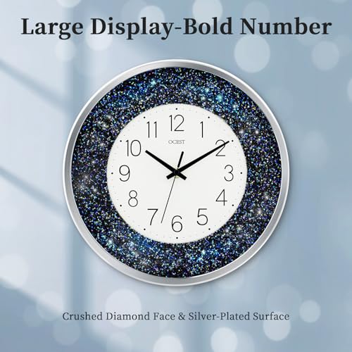 OCEST 12 Inch Wall Clocks Crushed Diamond Night Light, Silent LED Sparkle Glow in The Dark Decorative Large Display Clock for Bedroom, Living Room, Kitchen - Blue - Image 2