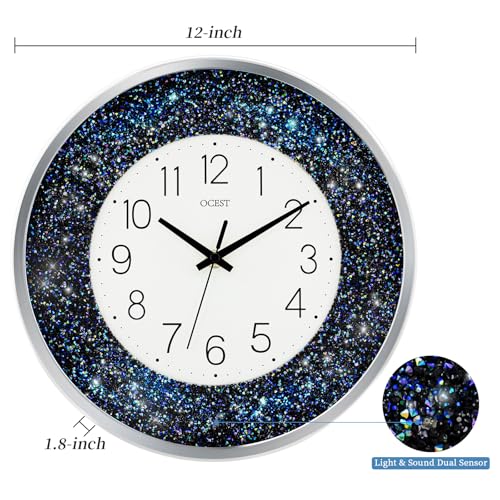OCEST 12 Inch Wall Clocks Crushed Diamond Night Light, Silent LED Sparkle Glow in The Dark Decorative Large Display Clock for Bedroom, Living Room, Kitchen - Blue - Image 5