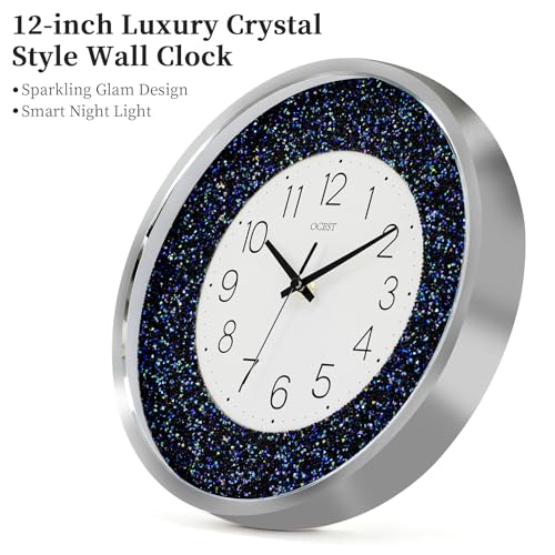 OCEST 12 Inch Wall Clocks Crushed Diamond Night Light, Silent LED Sparkle Glow in The Dark Decorative Large Display Clock for Bedroom, Living Room, Kitchen - Blue - Image 3