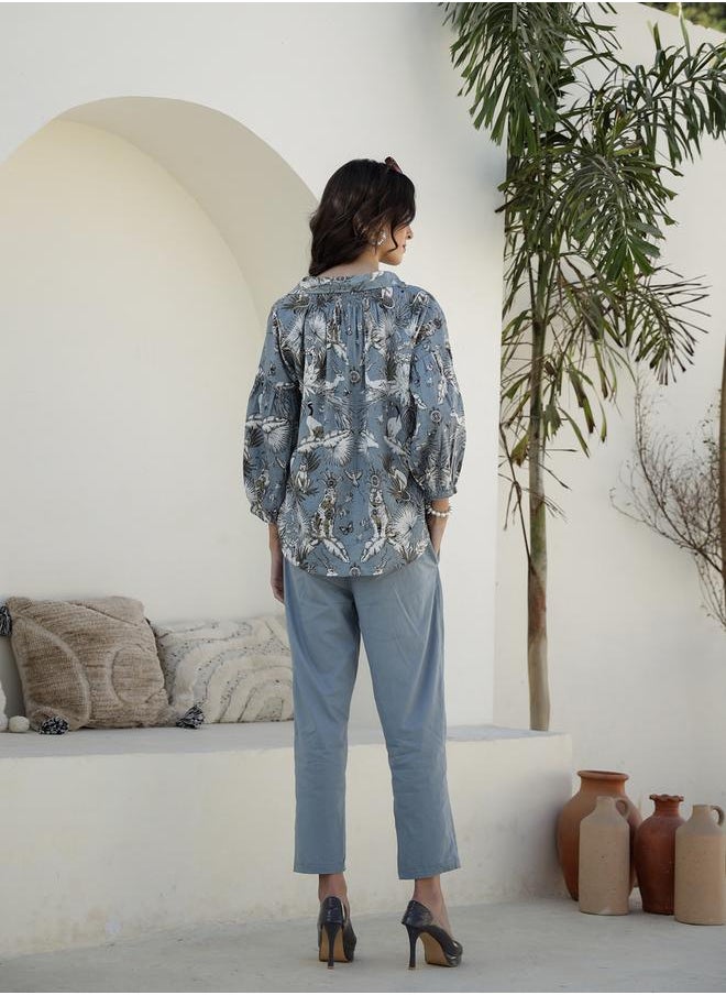 sanskrutihomes - Printed V-Neck Cotton Shirt with Trousers Co-Ords by Styli - Image 1