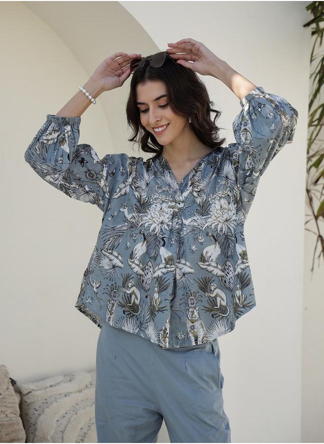 sanskrutihomes - Printed V-Neck Cotton Shirt with Trousers Co-Ords by Styli - Image 1