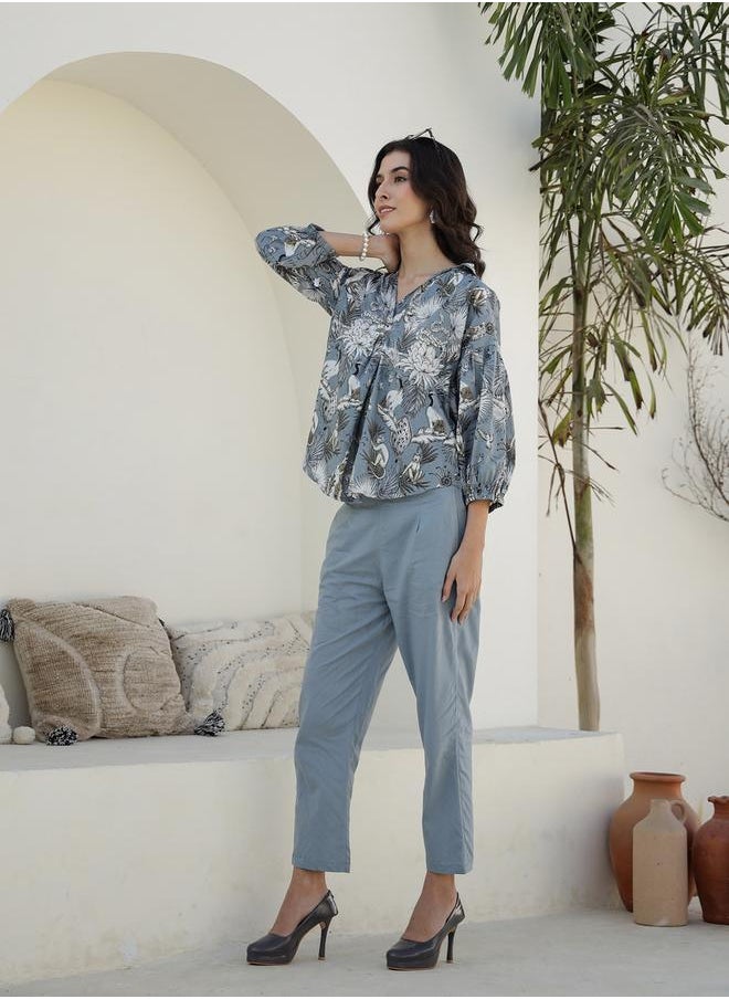 sanskrutihomes - Printed V-Neck Cotton Shirt with Trousers Co-Ords by Styli - Image 1