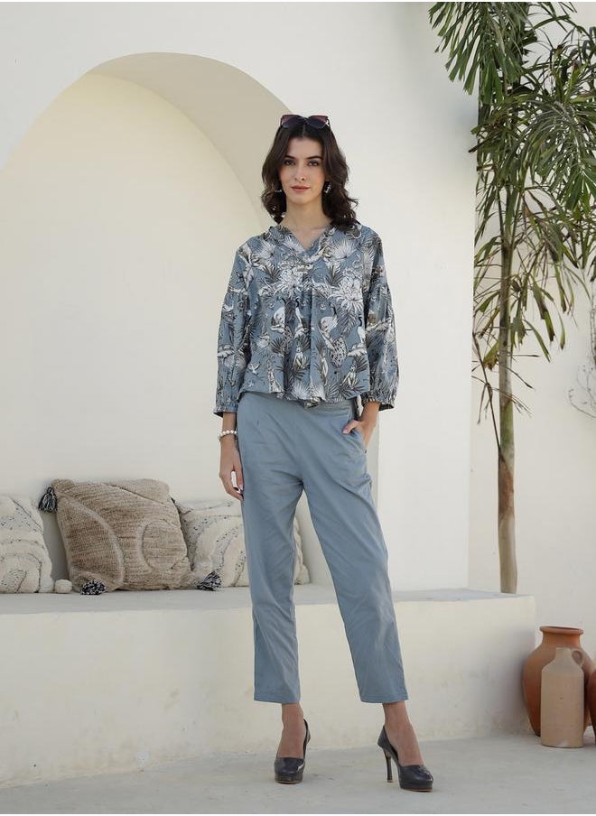 sanskrutihomes - Printed V-Neck Cotton Shirt with Trousers Co-Ords by Styli - Image 1