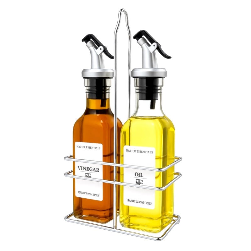 Natier 6 Oz Oil and Vinegar Bottle Cruet Set with Wire Caddy â€“ 2 Pack Glass Dispenser Bottles (No-Drip Spout) - Image 1