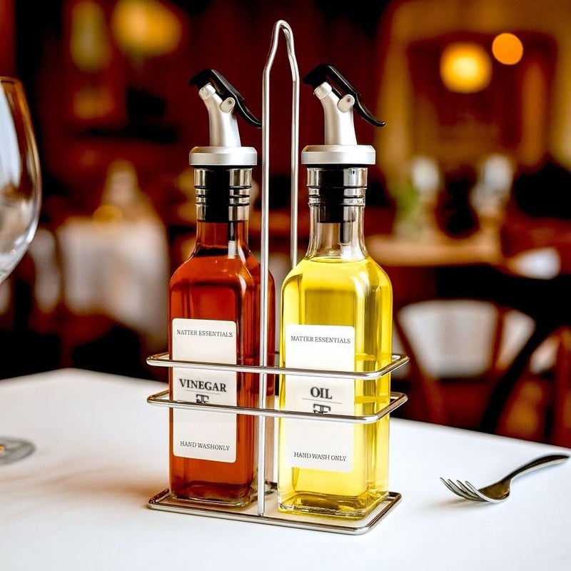 Natier 6 Oz Oil and Vinegar Bottle Cruet Set with Wire Caddy â€“ 2 Pack Glass Dispenser Bottles (No-Drip Spout) - Image 3