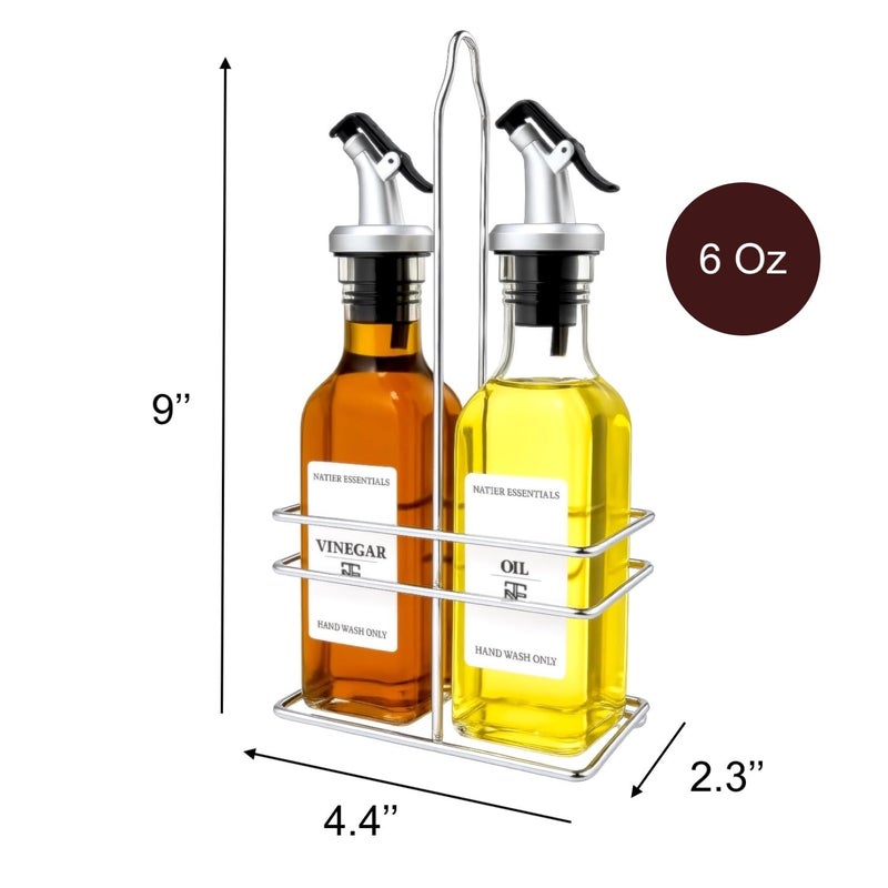 Natier 6 Oz Oil and Vinegar Bottle Cruet Set with Wire Caddy â€“ 2 Pack Glass Dispenser Bottles (No-Drip Spout) - Image 2