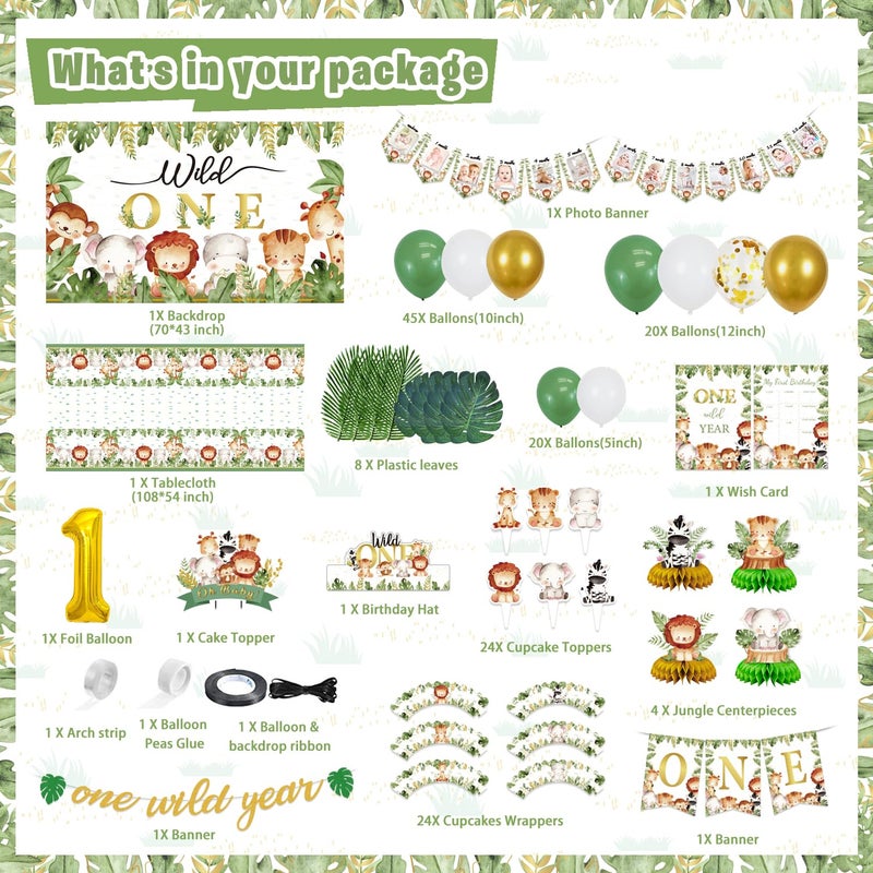 Mpanwen Wild One party Decorations 150 Pcs Jungle Animal Party Supplies Decor for Boy Girl Birthdays with Banners Cake Topper Cupcake Topper Cupcakes Wrappers Balloons Backdrop Tablecloth Centerpieces - Image 3