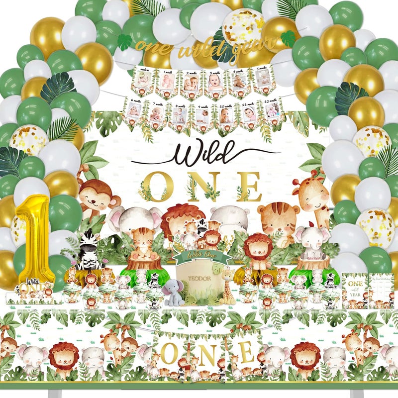 Mpanwen Wild One party Decorations 150 Pcs Jungle Animal Party Supplies Decor for Boy Girl Birthdays with Banners Cake Topper Cupcake Topper Cupcakes Wrappers Balloons Backdrop Tablecloth Centerpieces - Image 2
