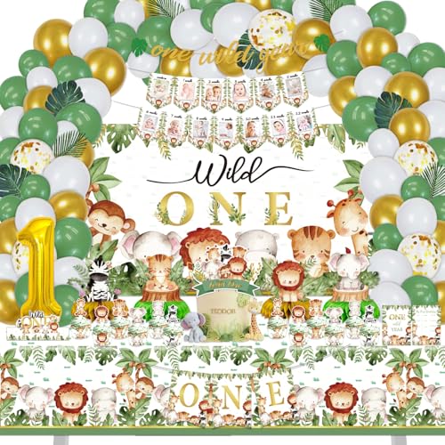 Mpanwen Wild One party Decorations 150 Pcs Jungle Animal Party Supplies Decor for Boy Girl Birthdays with Banners Cake Topper Cupcake Topper Cupcakes Wrappers Balloons Backdrop Tablecloth Centerpieces - Image 1