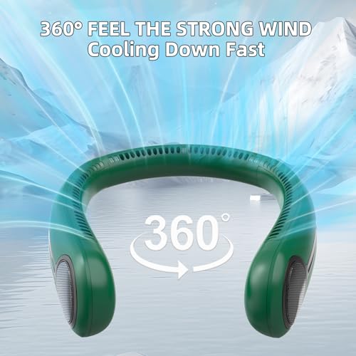 Kinhowly Portable Neck Fan Personal Wearable Bladeless Fan 6000mAh USB Rechargeable 360 Cooling LED Display 4Speeds Hands Free Fan for Outdoor Indoor Birthday Gifts for Men Women Dad Mom Dark green - Image 3
