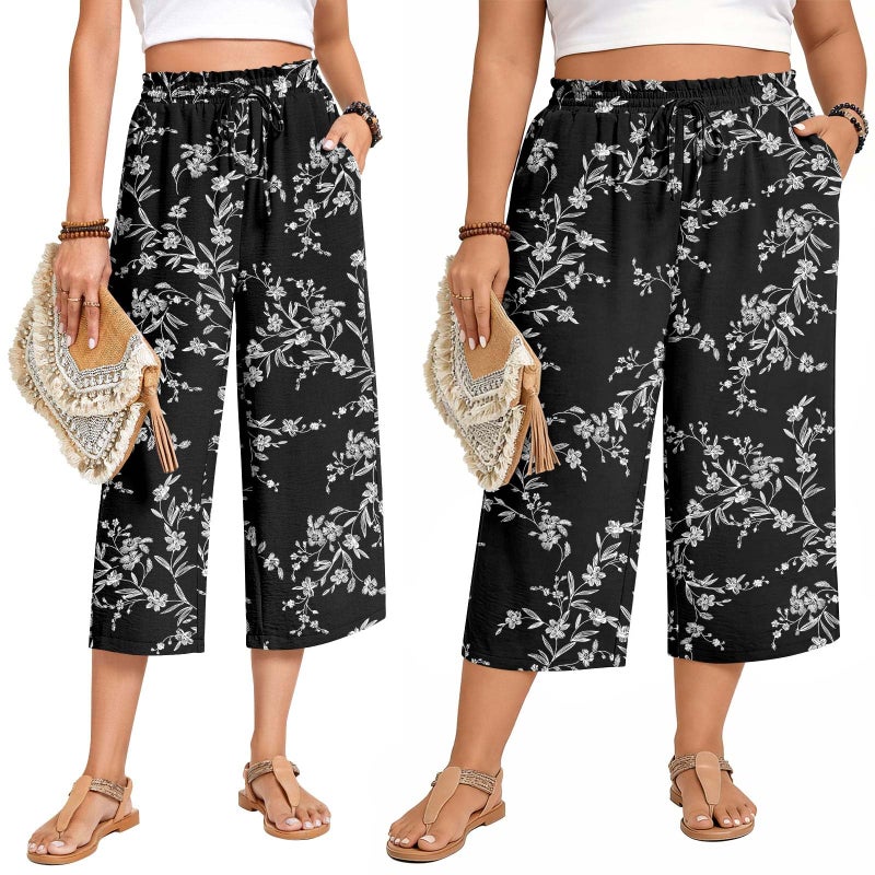 Anyhold Womens Capri Pants Loose High Waisted Wide Leg Lounge Pants Drawstring Casual Palazzo Trousers with Pockets X-Large, White Carvings - Image 5