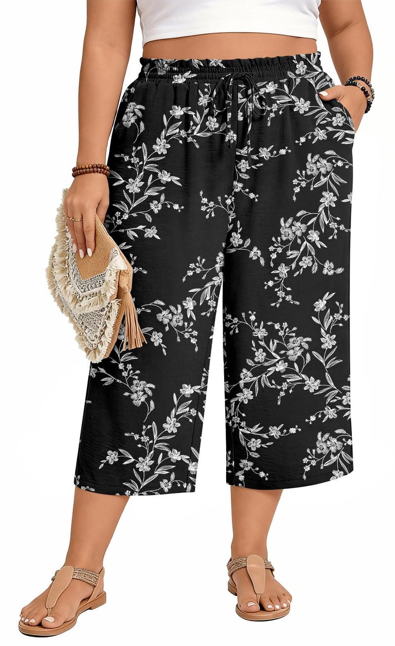 Anyhold Womens Capri Pants Loose High Waisted Wide Leg Lounge Pants Drawstring Casual Palazzo Trousers with Pockets X-Large, White Carvings - Image 2