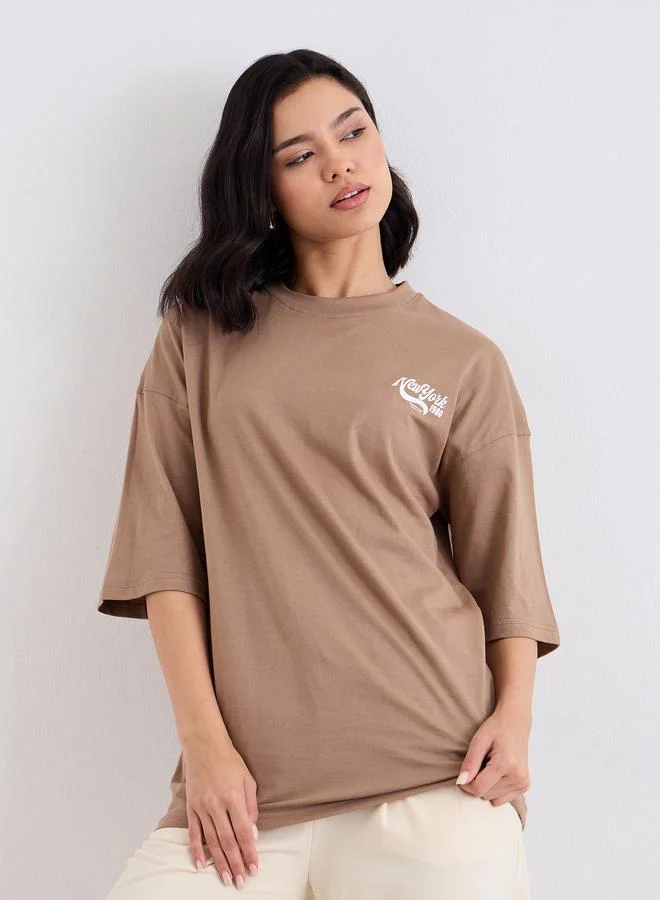 Brown Slogan Print Oversized 100% Cotton T-Shirt