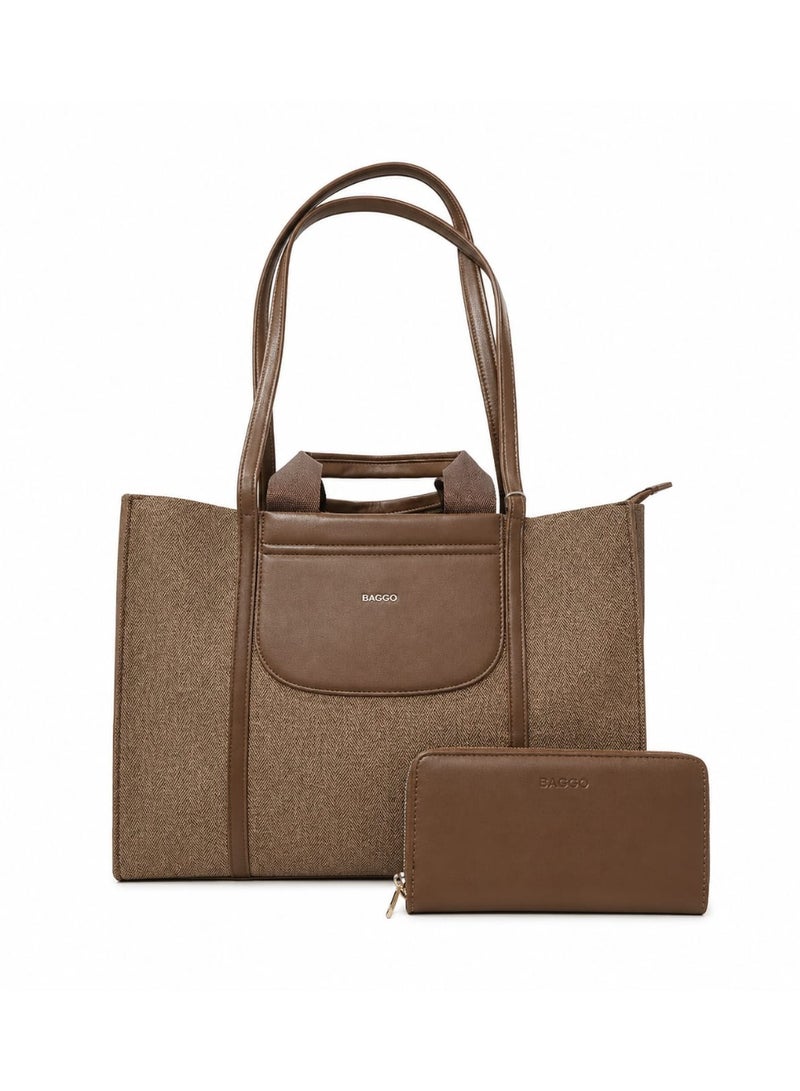 BAGCO Women’s Textured Tote Bag with Matching Wallet – Brown - Image 1