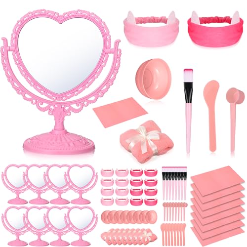 Lineshading 8 Set Spa Party Supplies With Heart Shaped Mirror, Desk Mat, Face Mask Brush, Mixing Bowl, Headband, Facial Towel - Sleepover Party Slumber Night Essentials - Image 1