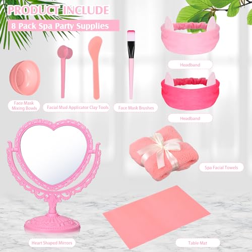 Lineshading 8 Set Spa Party Supplies With Heart Shaped Mirror, Desk Mat, Face Mask Brush, Mixing Bowl, Headband, Facial Towel - Sleepover Party Slumber Night Essentials - Image 2