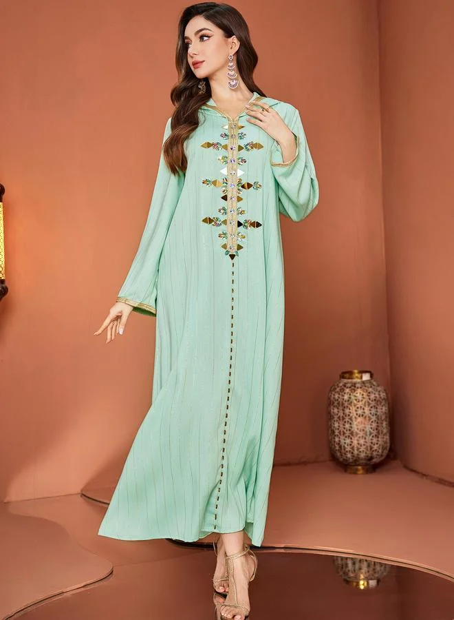 Styli Striped Embroidered Hooded Jalabiya