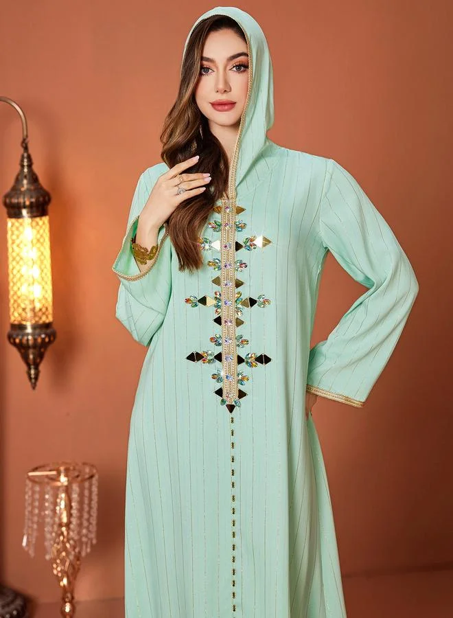 Styli Striped Embroidered Hooded Jalabiya