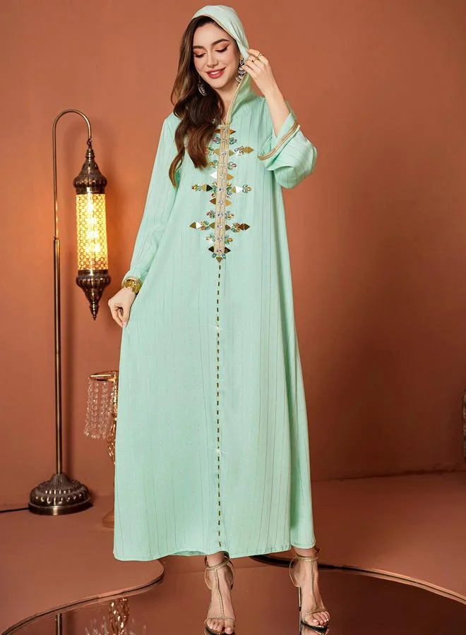 Styli Striped Embroidered Hooded Jalabiya
