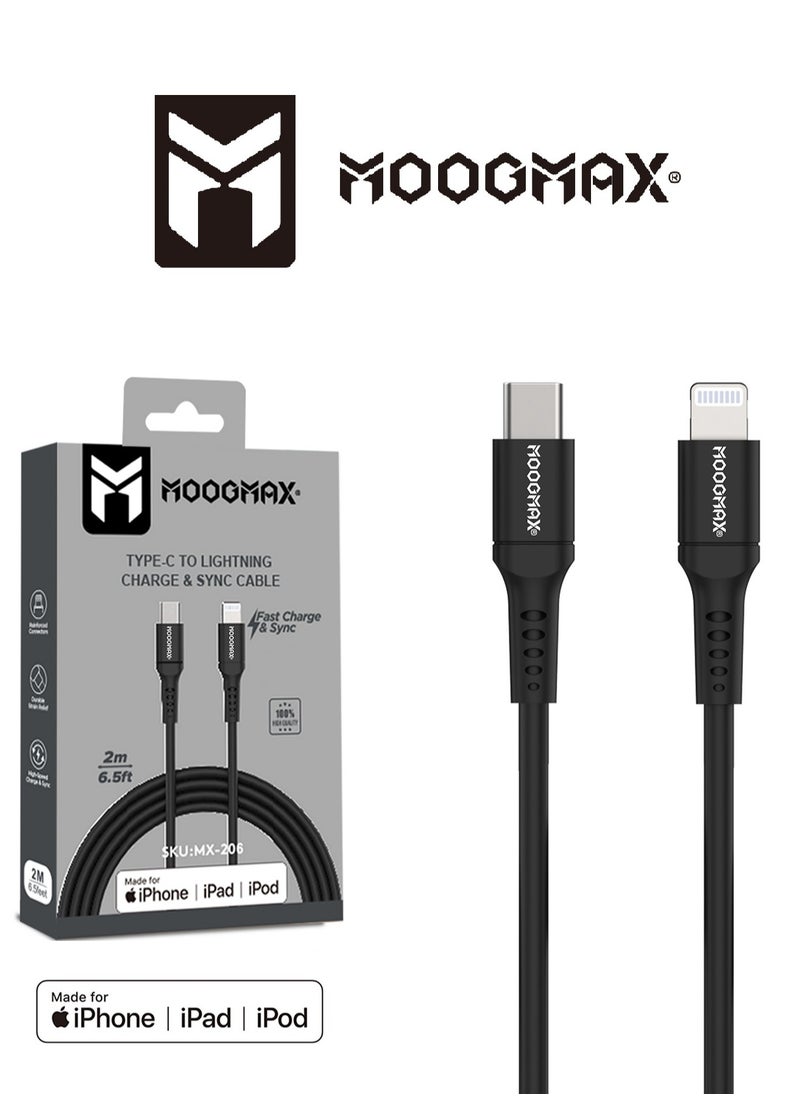 MOOGMAX IPhone (lightning) to Type-C Cable Certified by Apple (MFI), 2Meters, supports fast charging (PD) and holding high temperatures. Black from Moogmax  - Image 1