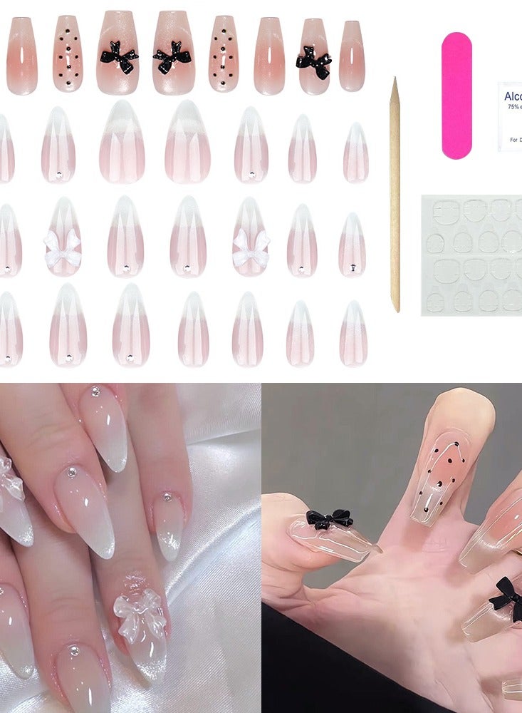 SAROR Press On Nails 34pcs，24pcs White Bow Tie Wearing Armor Cat Eye Nail Art，10Pcs Black Bow Tie Wearing Armor Nail Art，with glue kit and Disposable Press on Nail Tool Kit. - Image 1