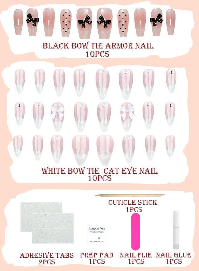 SAROR Press On Nails 34pcs，24pcs White Bow Tie Wearing Armor Cat Eye Nail Art，10Pcs Black Bow Tie Wearing Armor Nail Art，with glue kit and Disposable Press on Nail Tool Kit. - Image 2