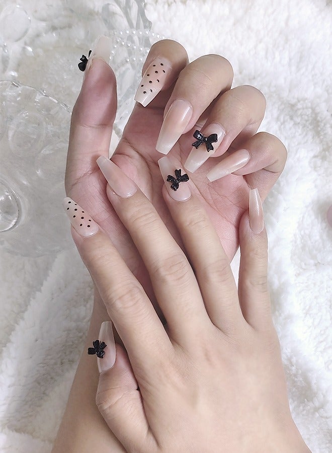 SAROR Press On Nails 34pcs，24pcs White Bow Tie Wearing Armor Cat Eye Nail Art，10Pcs Black Bow Tie Wearing Armor Nail Art，with glue kit and Disposable Press on Nail Tool Kit. - Image 3