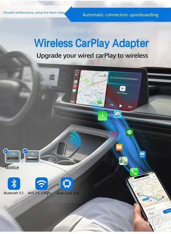 Mini Wireless Carplay Adapter, Convert Wired to Wireless Car Play & Android Auto 2-in-1 Adapter for Apple iPhone & Android Phone, Plug & Play, Auto Connect, No Delay, w/USB C for iOS 10+ Android 11+ - Image 3