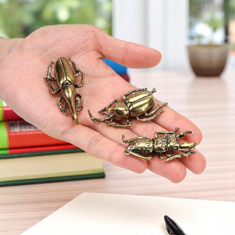 KH866 3PCS/Set Insect Bug Wall Decor, Solid Brass Beetle Figurine Ornament, Exquisite Miniature Taurus Horn Insects Art Statue, Simulation Desk Decoration Crafts, Home Living Room Artwork Gift for Tea Table - Image 4