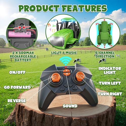 Funwee RC Farm Tractor Toy wLight Music Kid Truck Toy wFront Loader Farm Animal 24GHz RC Tractor Trailer Car Vehicle Toy for Boy Girl Age 3 4 5 6 7 Year Old Christmas Birthday Gift Green - Image 5