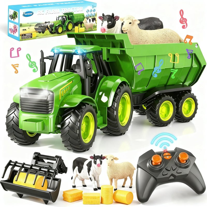 Funwee RC Farm Tractor Toy wLight Music Kid Truck Toy wFront Loader Farm Animal 24GHz RC Tractor Trailer Car Vehicle Toy for Boy Girl Age 3 4 5 6 7 Year Old Christmas Birthday Gift Green - Image 3