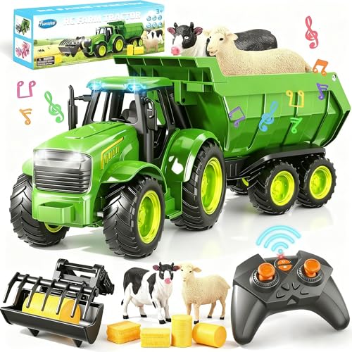 Funwee RC Farm Tractor Toy wLight Music Kid Truck Toy wFront Loader Farm Animal 24GHz RC Tractor Trailer Car Vehicle Toy for Boy Girl Age 3 4 5 6 7 Year Old Christmas Birthday Gift Green - Image 1