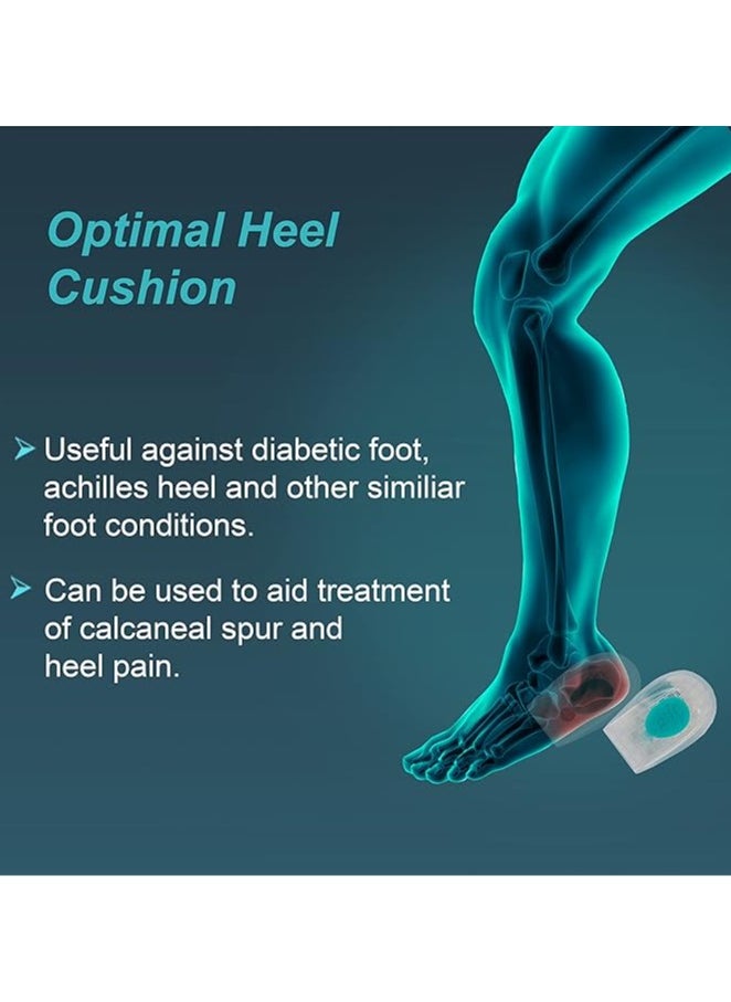 Heel Cushion Silicone (Pair) Designed to provide soft cushioning to the foot heel. Gel spot at the site of  calcaneus distributes and reduces pressure and relieves pain. Anatomically designed for better comfort and fitting.